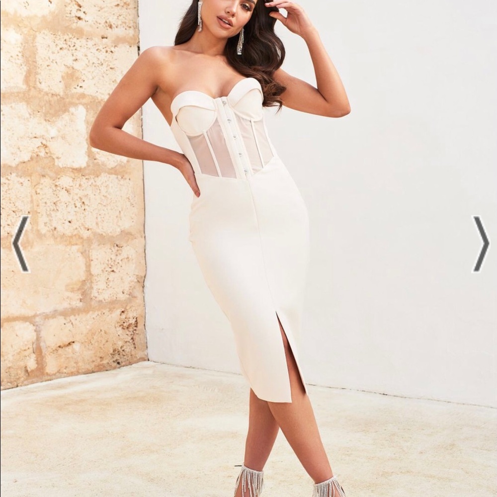 Sheer Front Corset Midi Dress in Champagne